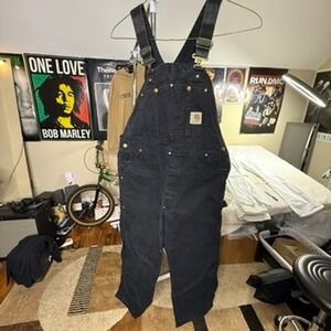 Carhartt Black Mens Bib Overalls Workwear Duck Canvas Straps Size 38x30